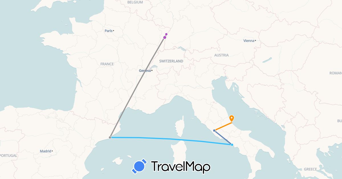 TravelMap itinerary: driving, plane, cycling, train, boat, hitchhiking in Spain, France, Italy (Europe)